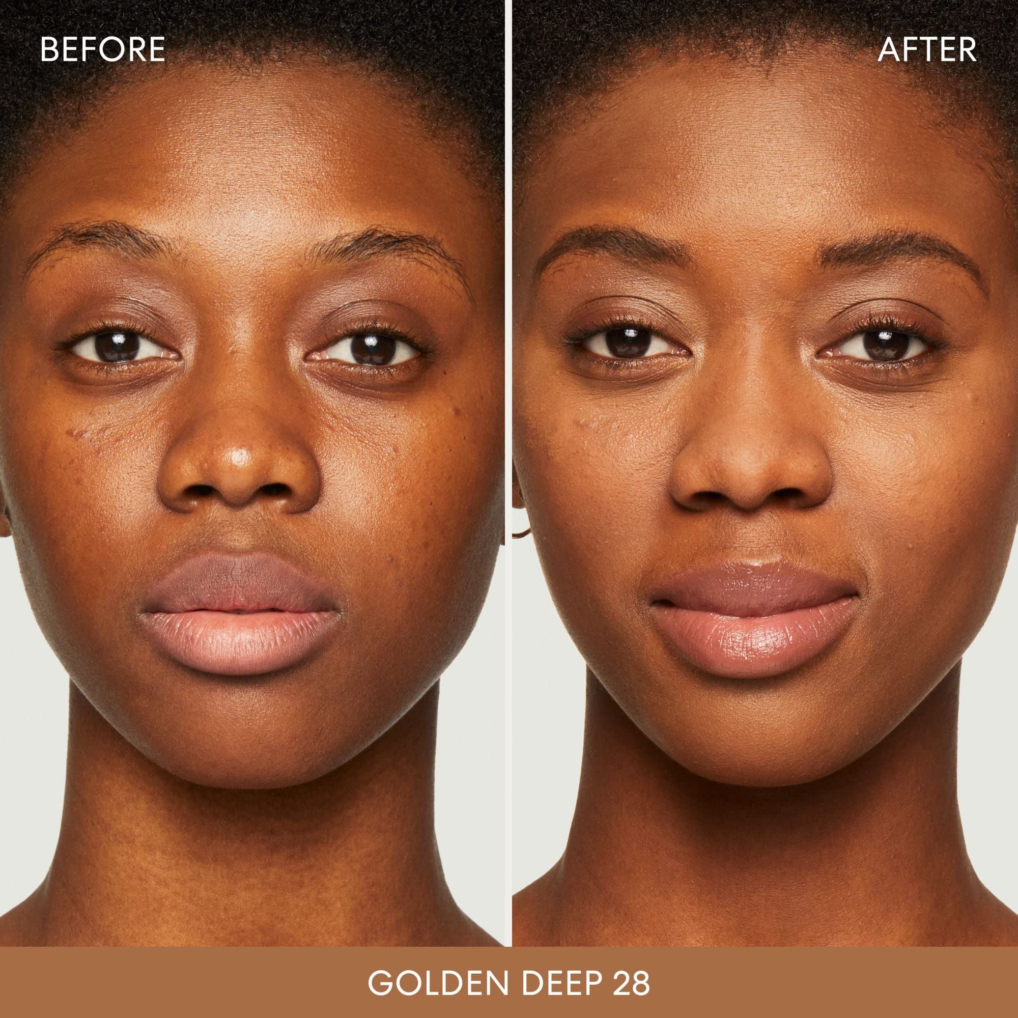 bareMinerals Original Loose Powder Foundation Golden-Deep-28 shade swatch on cheek with natural glow.