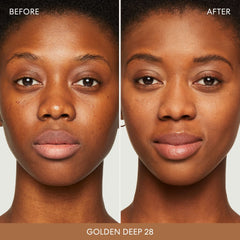 bareMinerals Original Loose Powder Foundation Golden-Deep-28 shade swatch on cheek with natural glow.