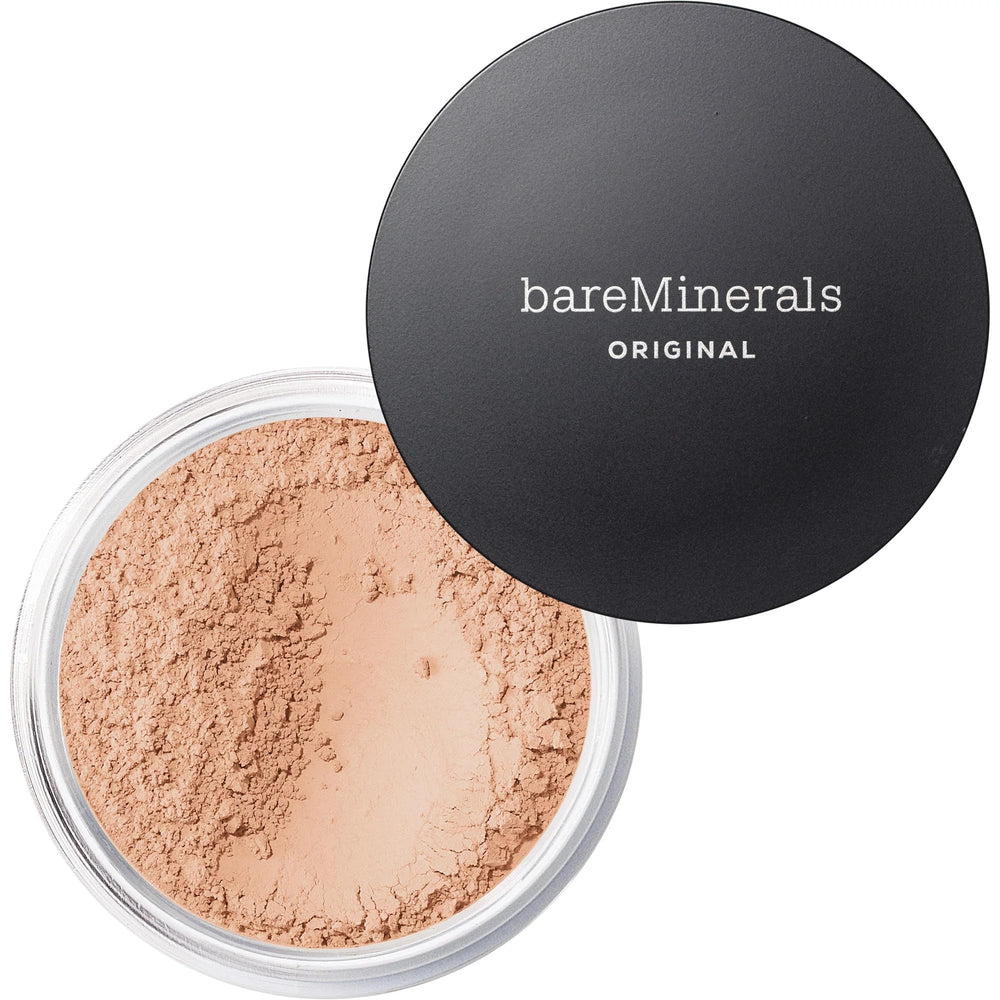 BareMinerals Original loose powder foundation swatch shows buildable coverage with a radiant SPF 15 finish.