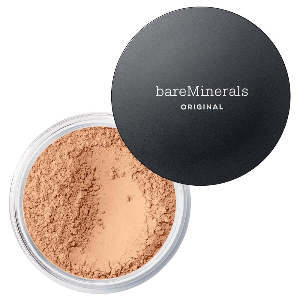 bareminerals Original Loose Powder Foundation SPF 15 packaging highlights vegan, talc-free formula for sensitive skin.