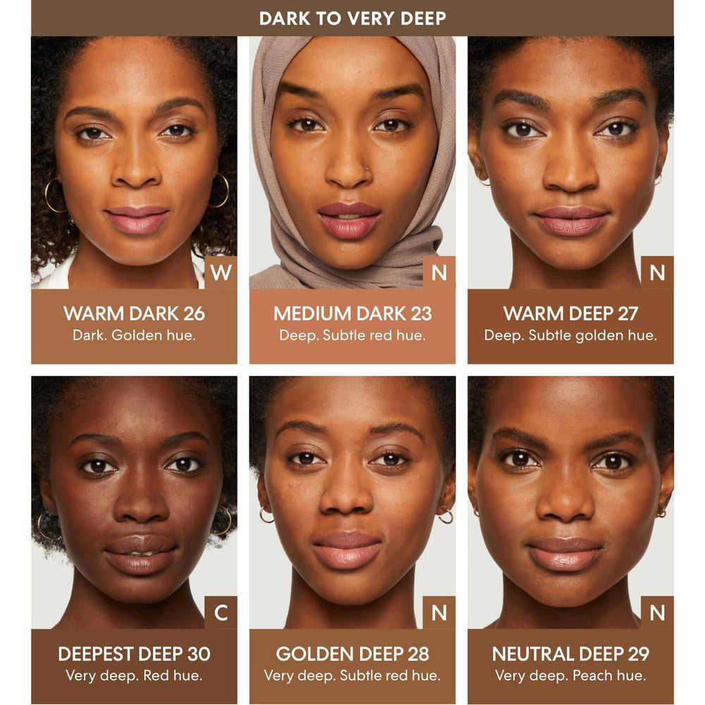 bareMinerals Original Matte Foundation bottle in use with a brush for even coverage.