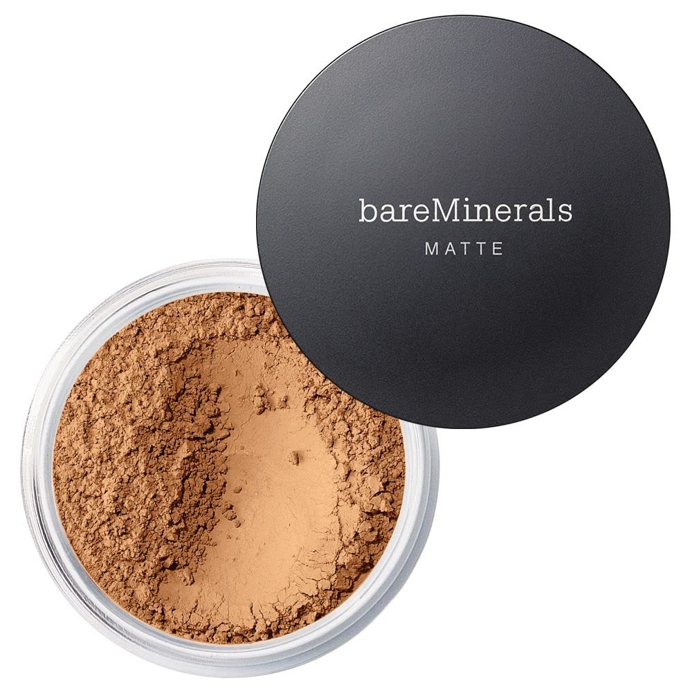 bareMinerals Original Matte Foundation compact swatch in 21 Neutral Tan showing buildable coverage