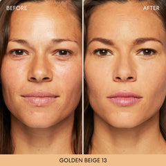 bareMinerals swatch shows sheer-to-full coverage with natural matte finish.