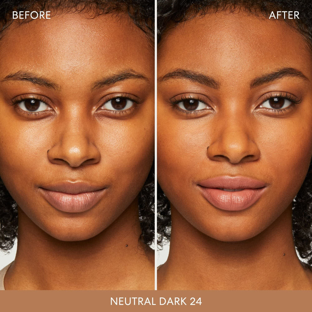 bareMinerals Original Matte Loose Foundation swatches in 24 Neutral Dark with natural-looking matte finish.