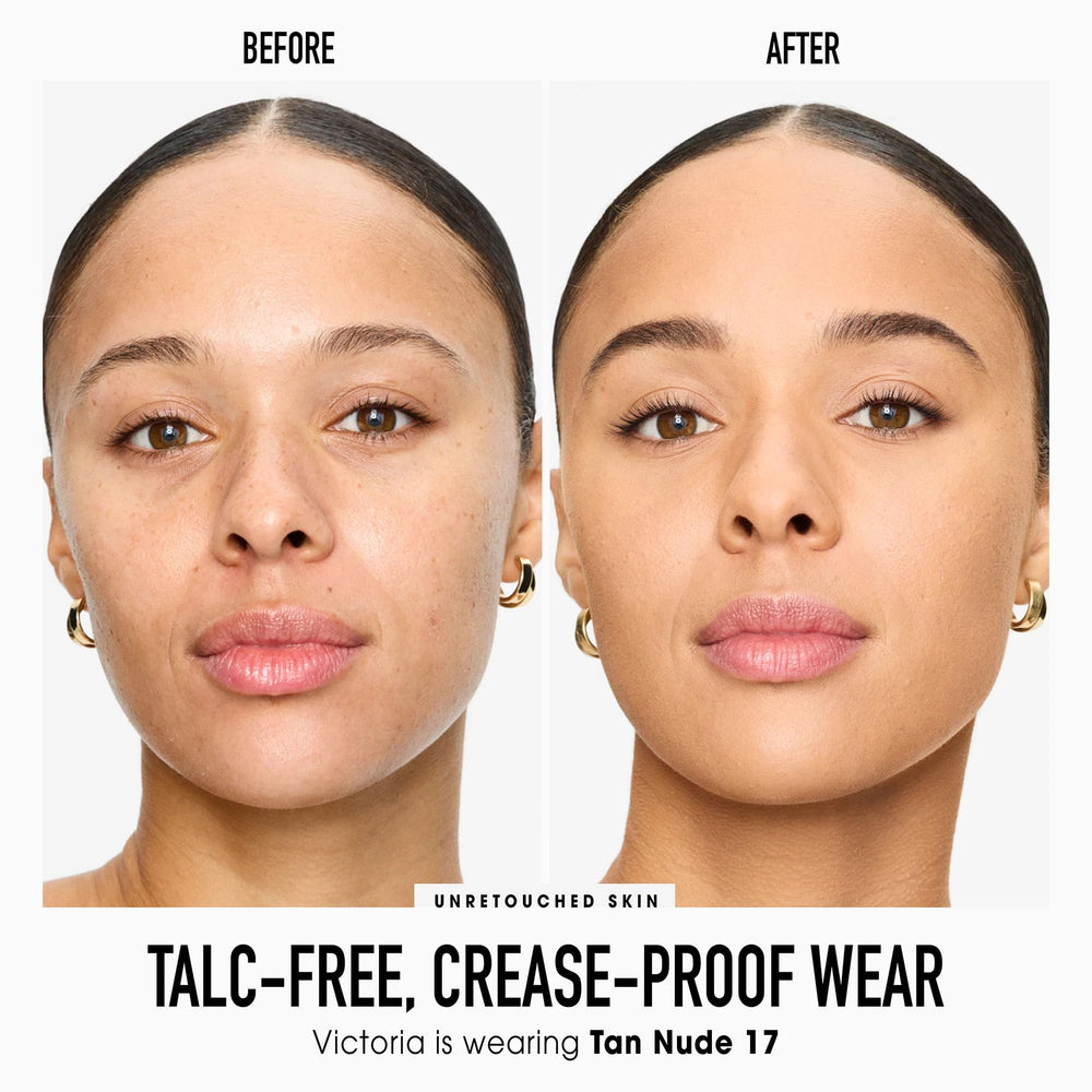BareMinerals Original pressed powder foundation brush stroke demonstrates buildable coverage for a natural glow