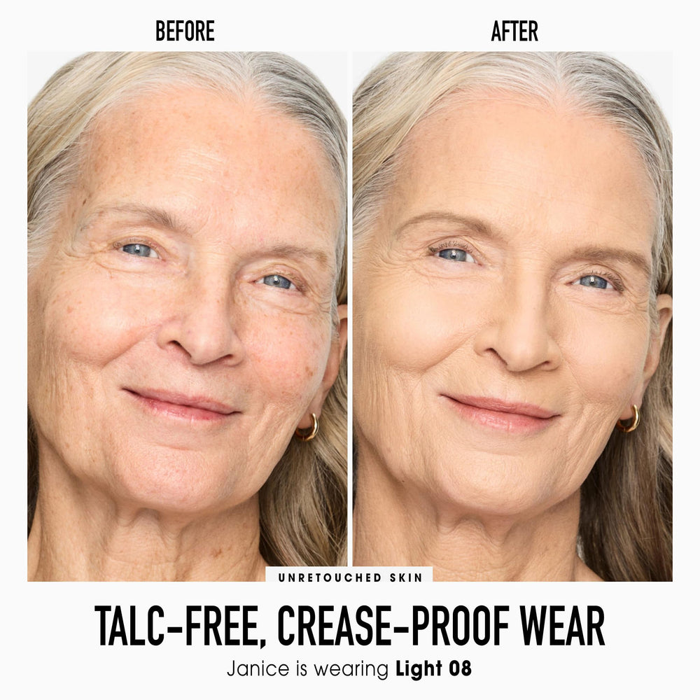 Close-up of the powder's natural matte finish and smooth texture on the skin.