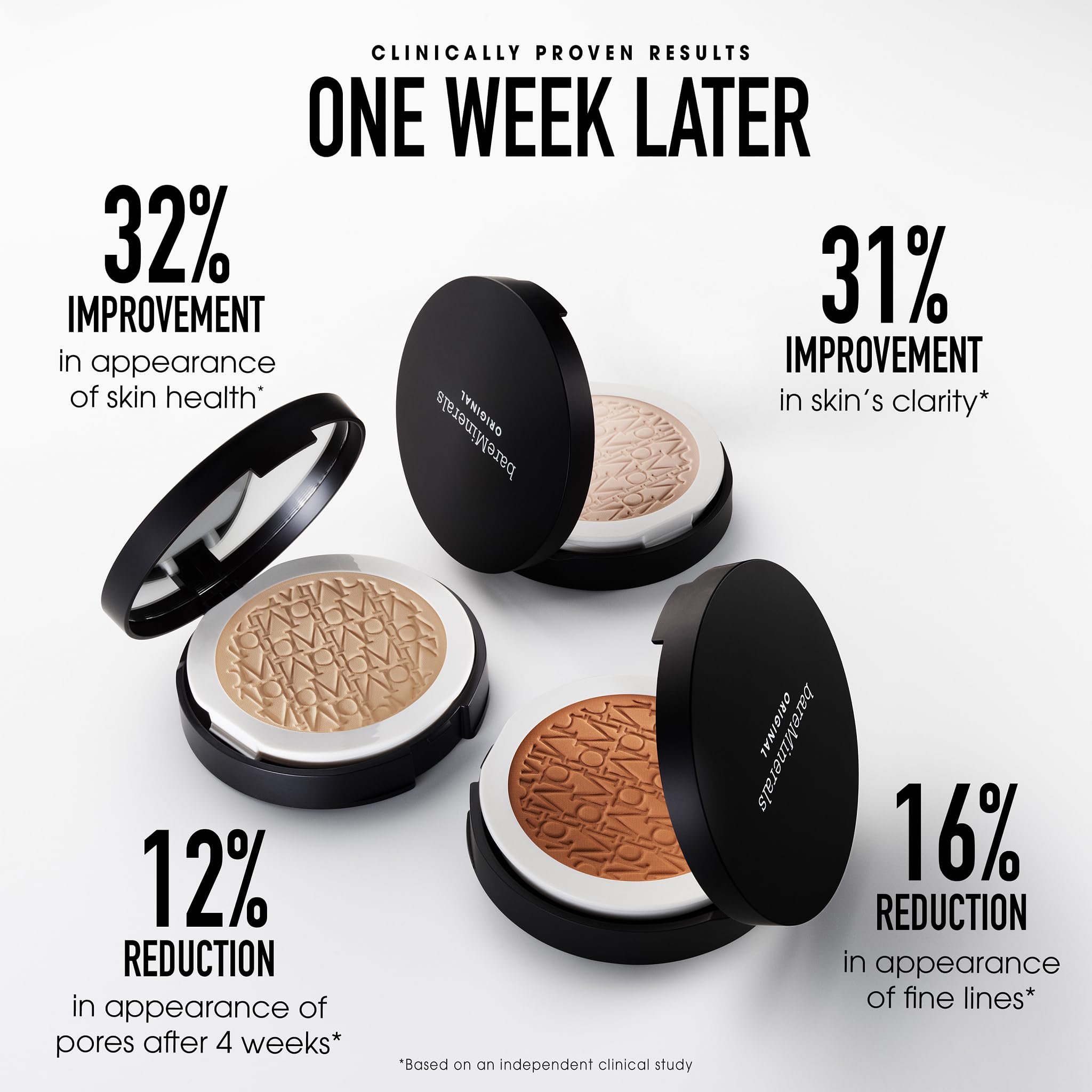 BareMinerals Original pressed powder swatches highlight buildable coverage.