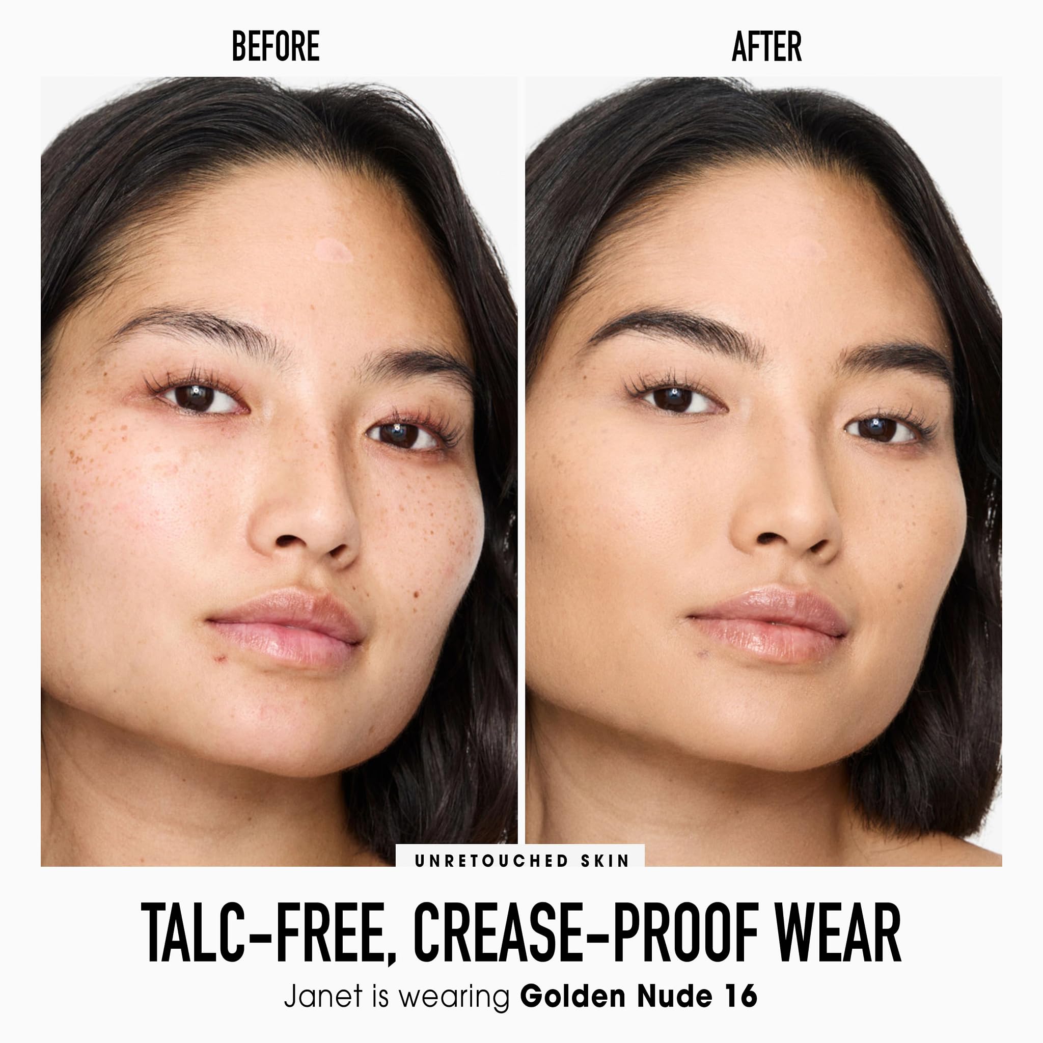 BareMinerals Original pressed powder close-up shows luminous, non-cakey skin.