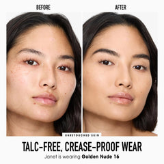 BareMinerals Original pressed powder close-up shows luminous, non-cakey skin.