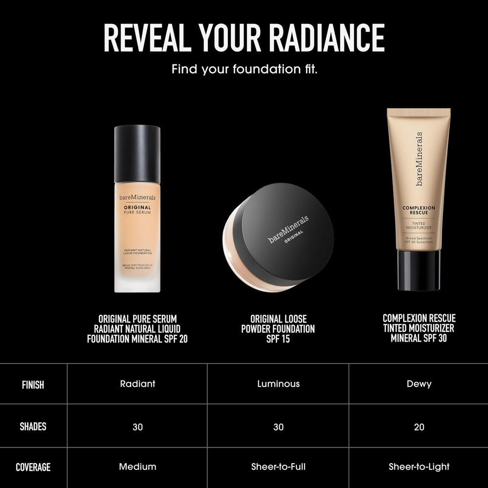 BareMinerals Original Serum Radiant SPF 20 provides daily broad-spectrum protection.