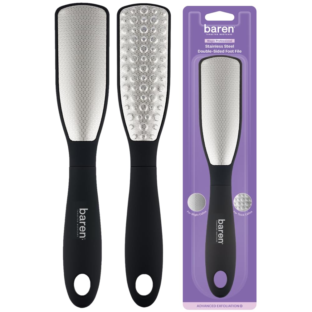 Baren Magic dual-sided foot file in hand, smoothing thick skin with professional-grade stainless steel.