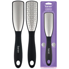 Baren Magic dual-sided foot file in hand, smoothing thick skin with professional-grade stainless steel.