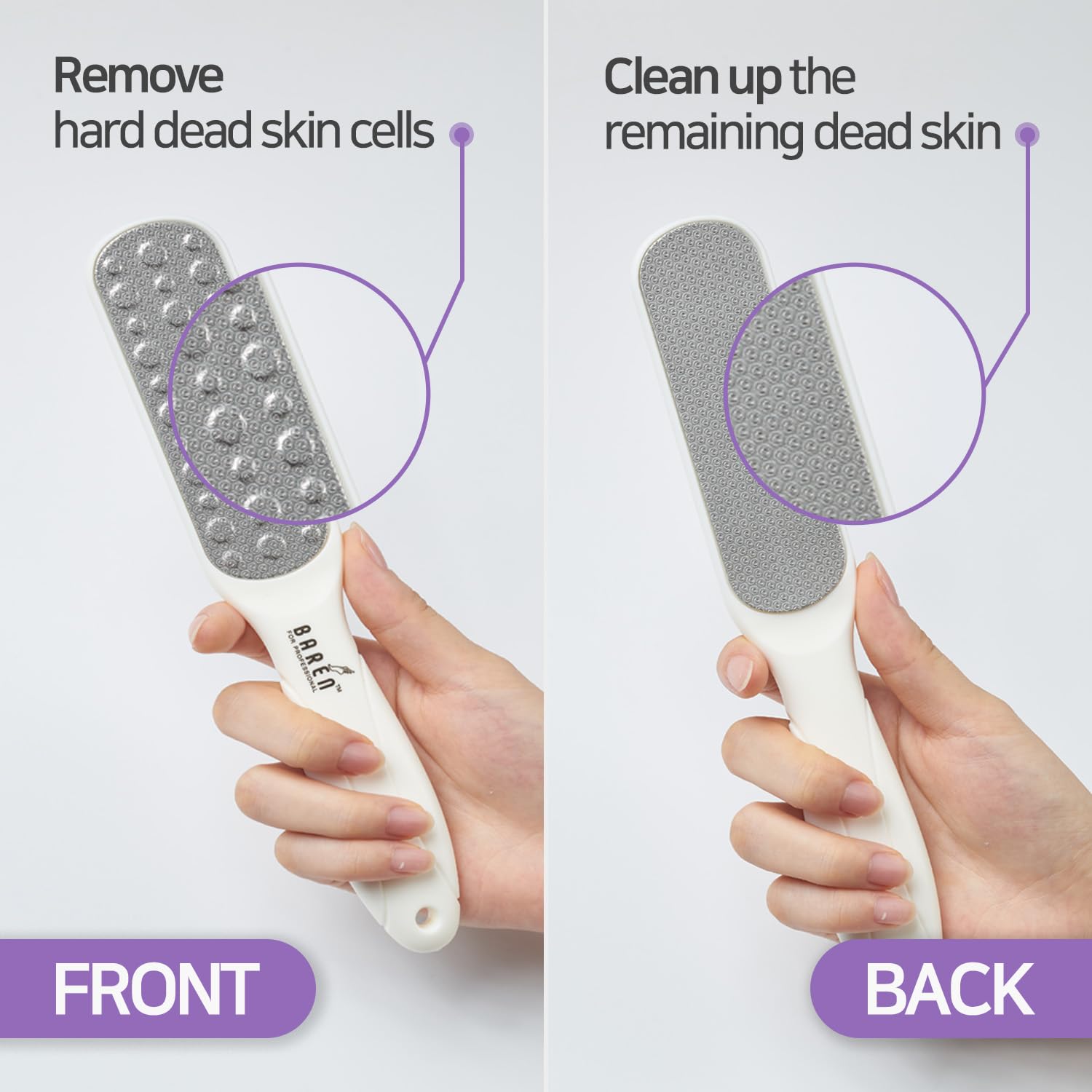 Baren stainless steel foot care tool gliding over the skin.