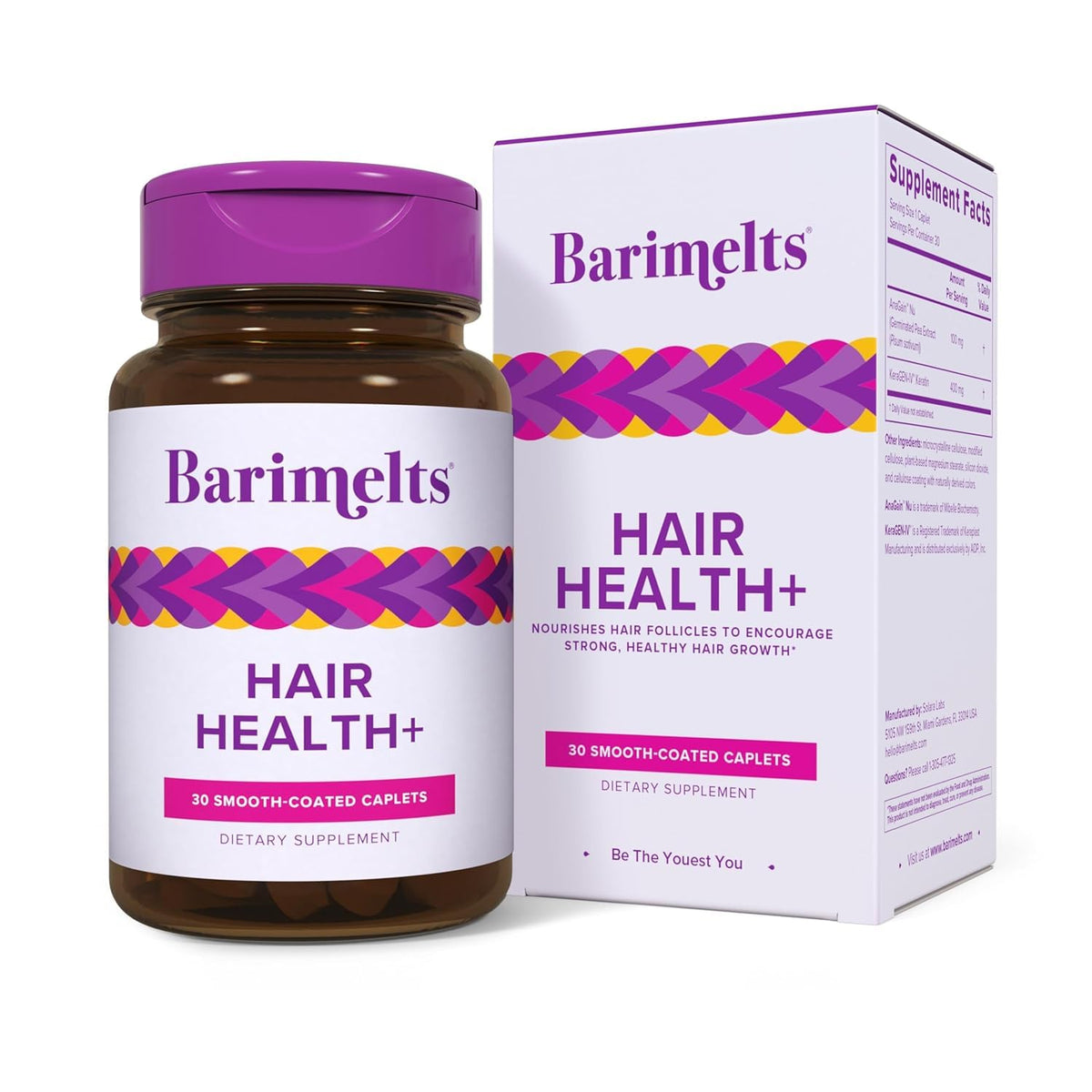 Barimelts Hair Health+ bottle shown, supporting daily hair nourishment for GLP-1 and bariatric users.
