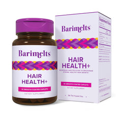Barimelts Hair Health+ bottle shown, supporting daily hair nourishment for GLP-1 and bariatric users.