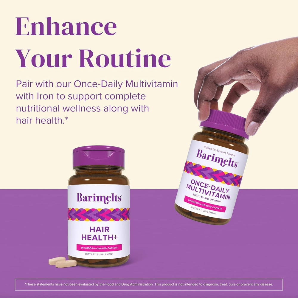 Barimelts Hair Health+ packaging and labels, clear dosage and transparency.