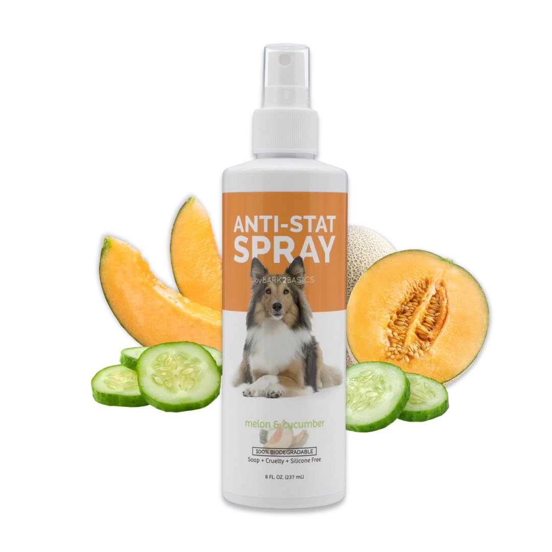 Bark2Basics Anti Stat bottle closeup highlights natural, silicone-free detangler for pets.