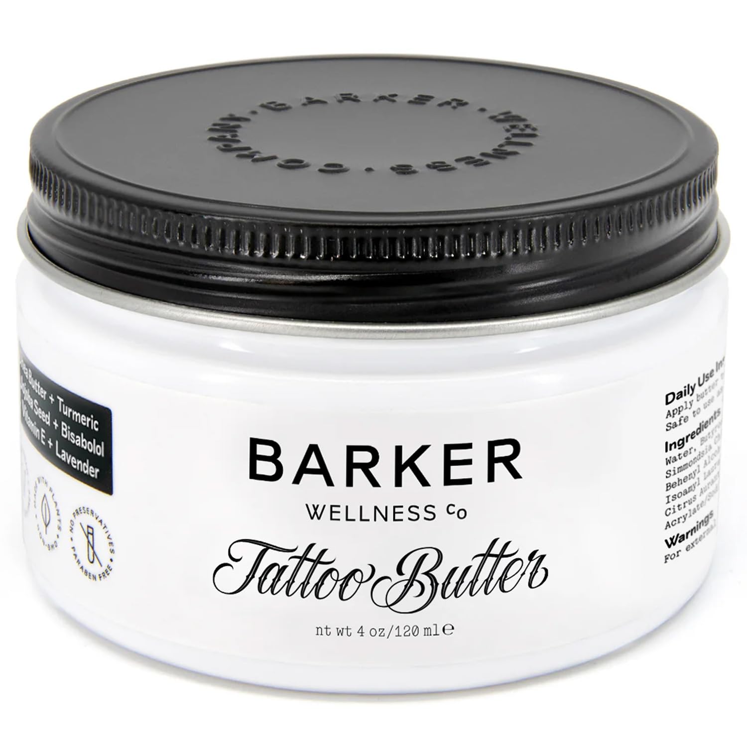 Barker Wellness Tattoo Butter bottle closeup showing a nourishing, non-greasy finish for your ink