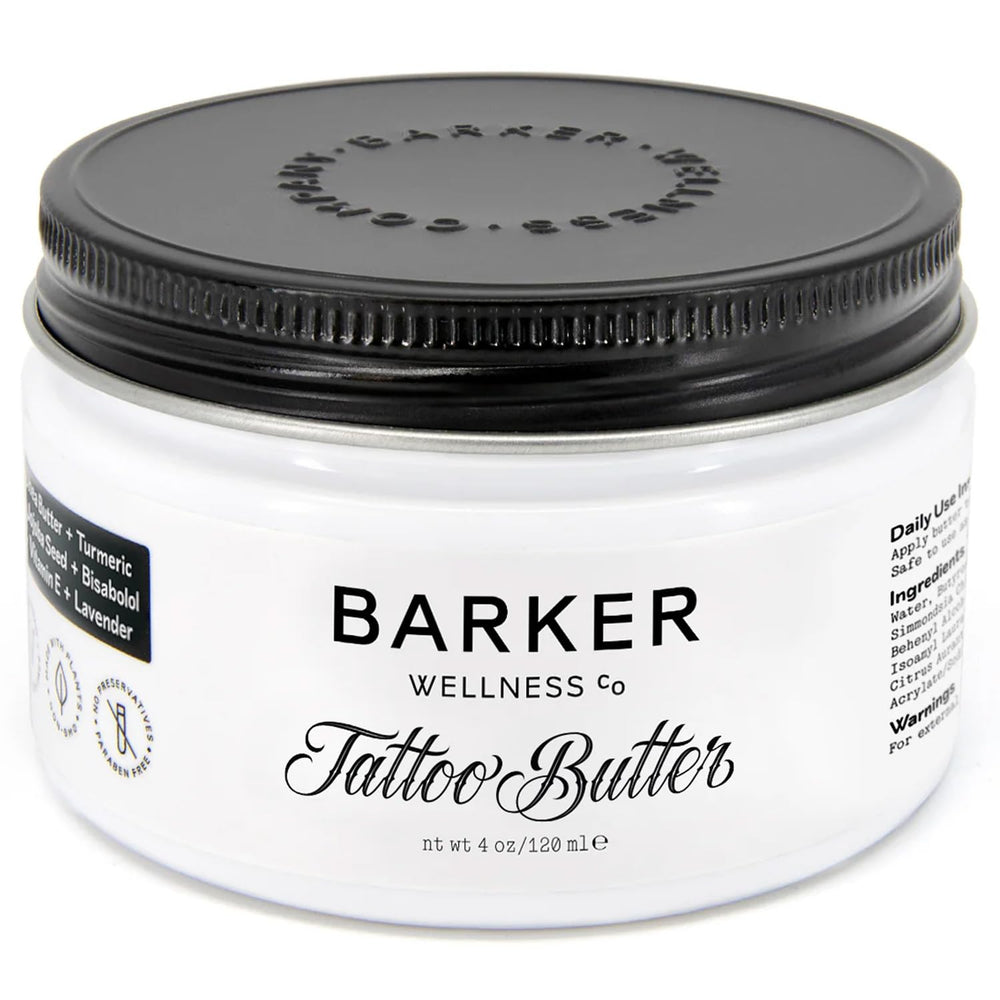 Barker Wellness Tattoo Butter bottle closeup showing a nourishing, non-greasy finish for your ink