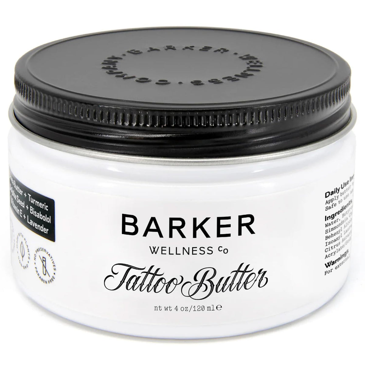 Barker Wellness Tattoo Butter bottle closeup showing a nourishing, non-greasy finish for your ink