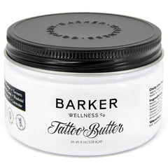 Barker Wellness Tattoo Butter bottle closeup showing a nourishing, non-greasy finish for your ink