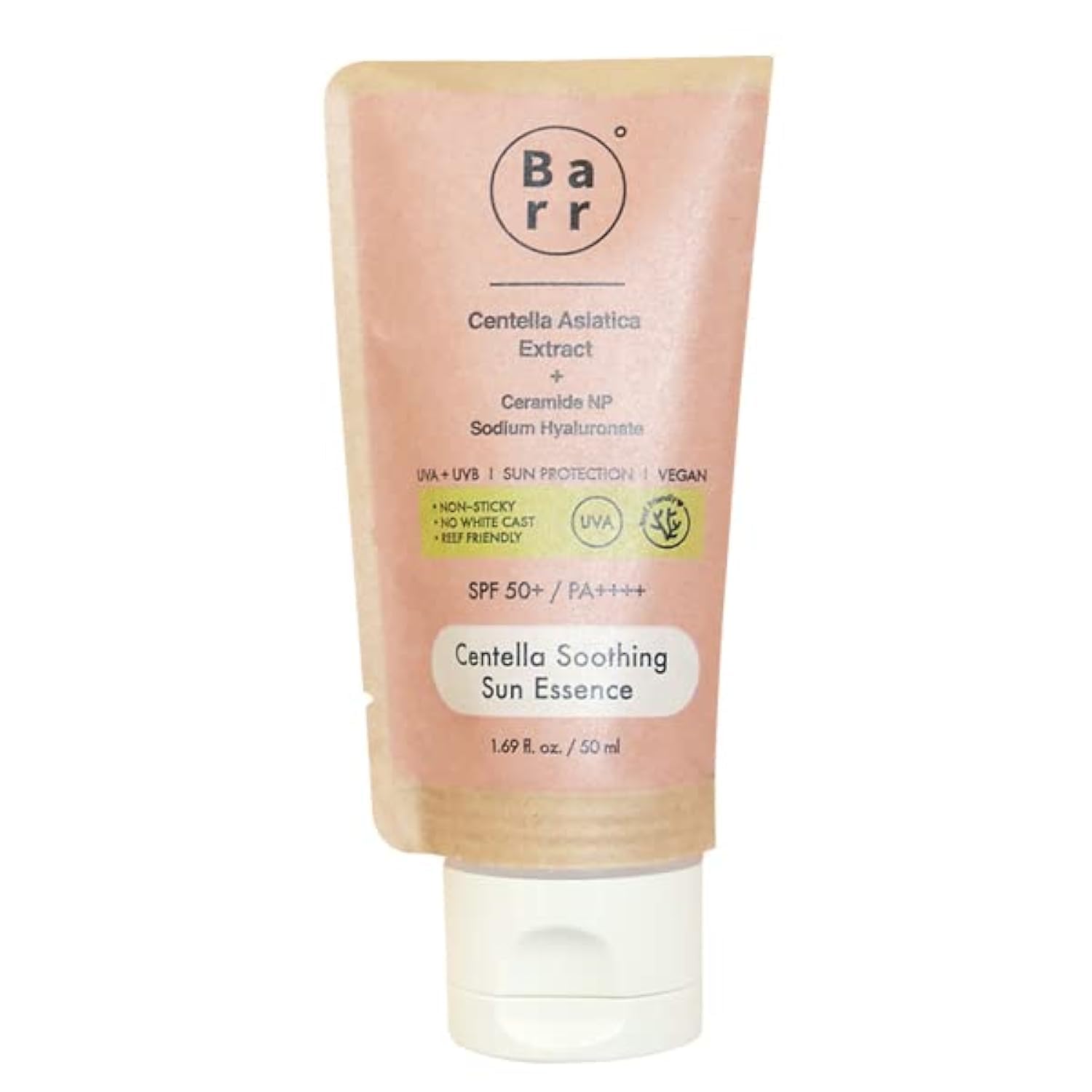 Barr Centella Soothing Sun Essence bottle with reef-friendly SPF and hydrating formula.