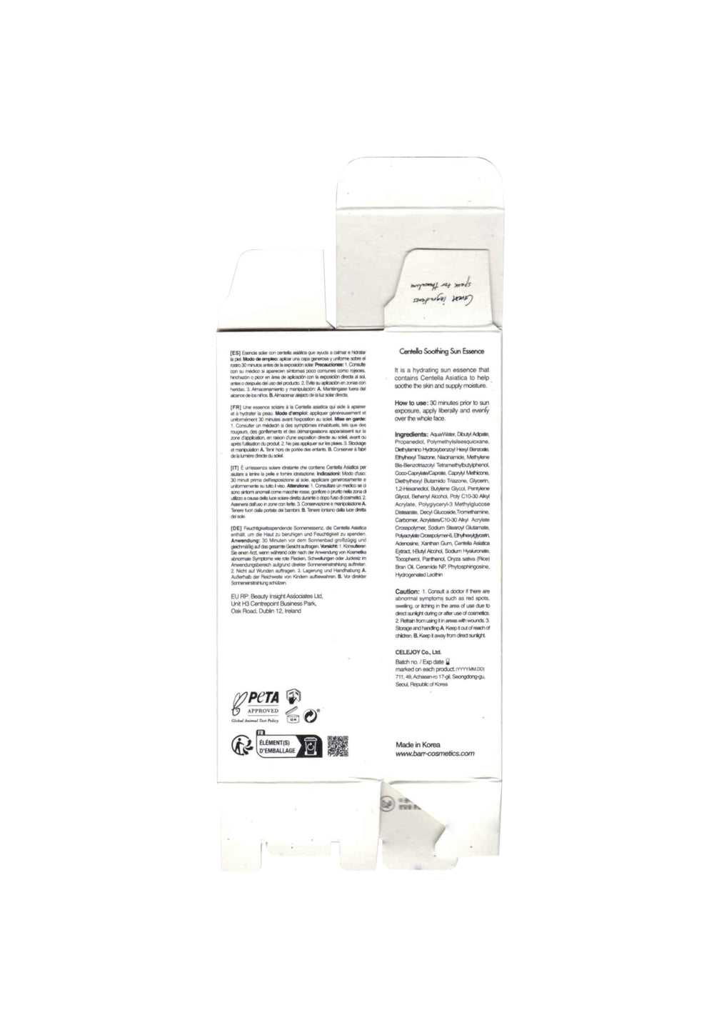 Barr Centella Sun Essence packaging highlighted as reef-friendly and vegan-friendly.