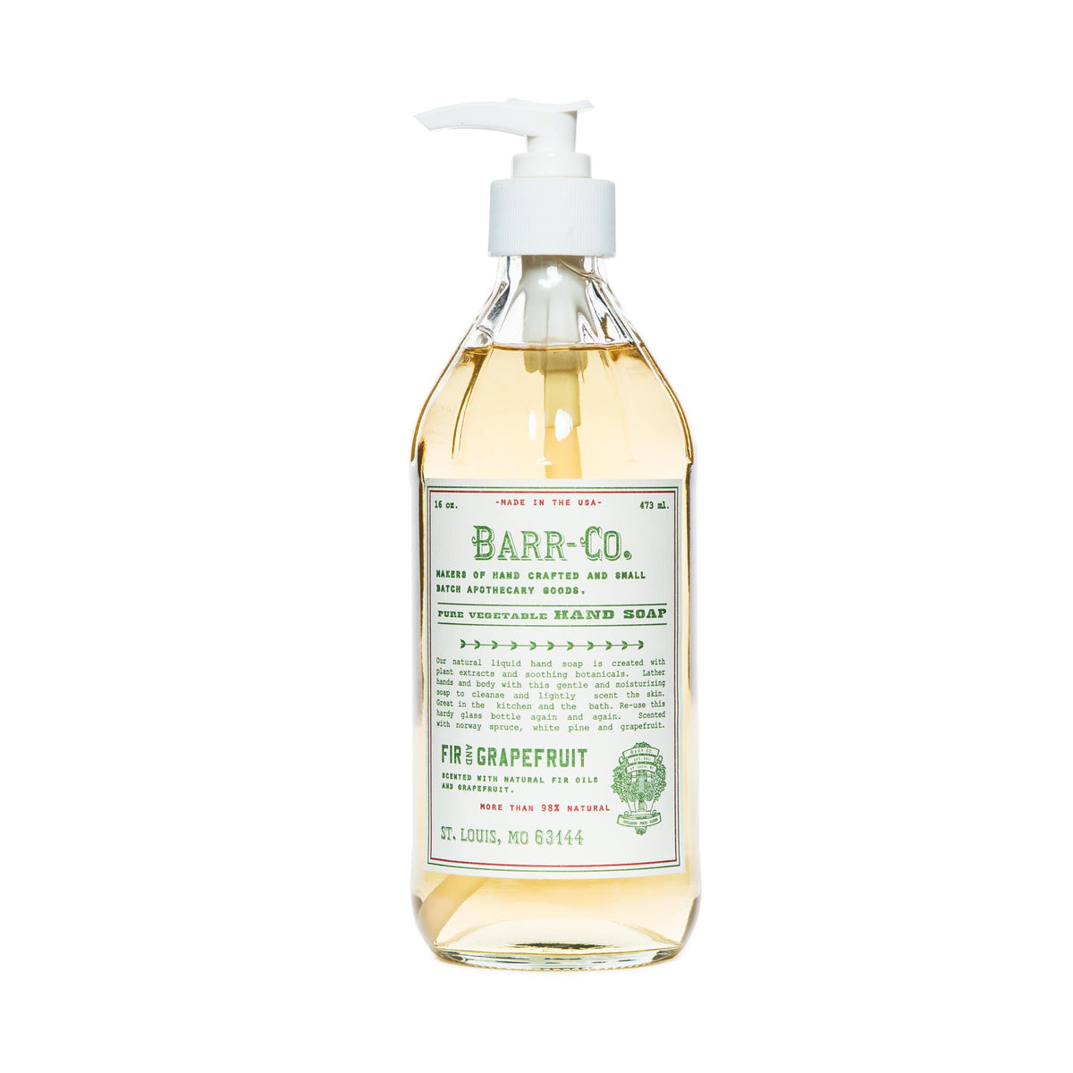 BARR-CO natural hand soap bottle shows plant-based formula for daily washing