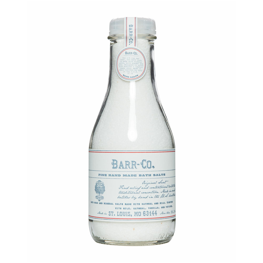 Barr-Co Original Scent bath salts jar shown for relaxing baths.