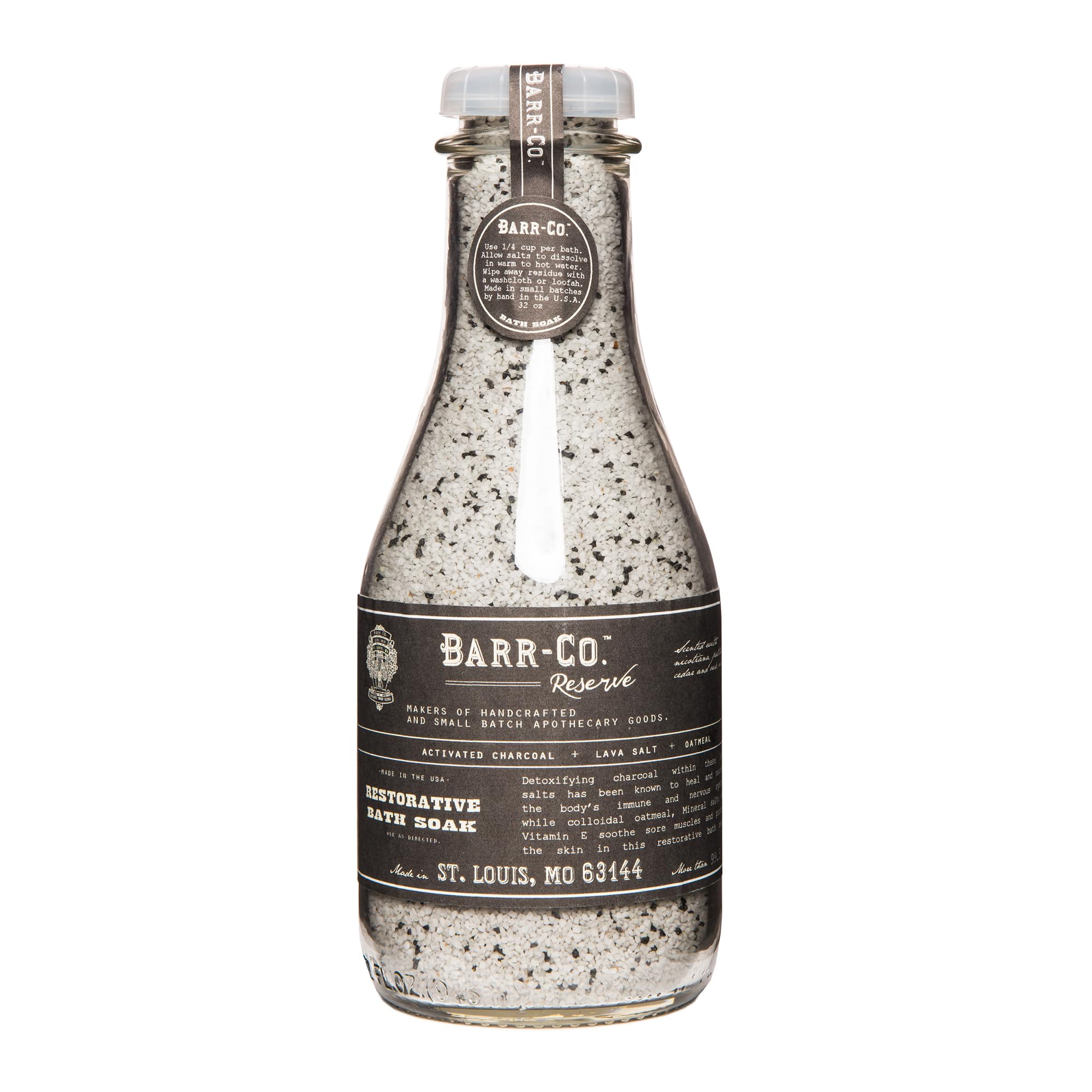 Barr-Co Reserve bath salts jar with woodsy earthy scent for a calming soak.
