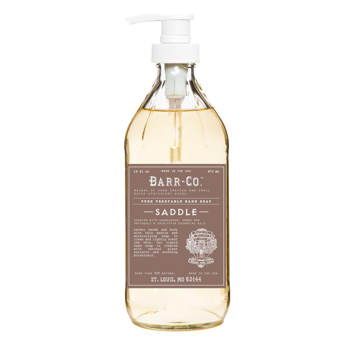 BARR-CO Saddle Hand Soap bottle highlights amber glass with warm sandalwood musk aroma for a cozy bathroom ritual
