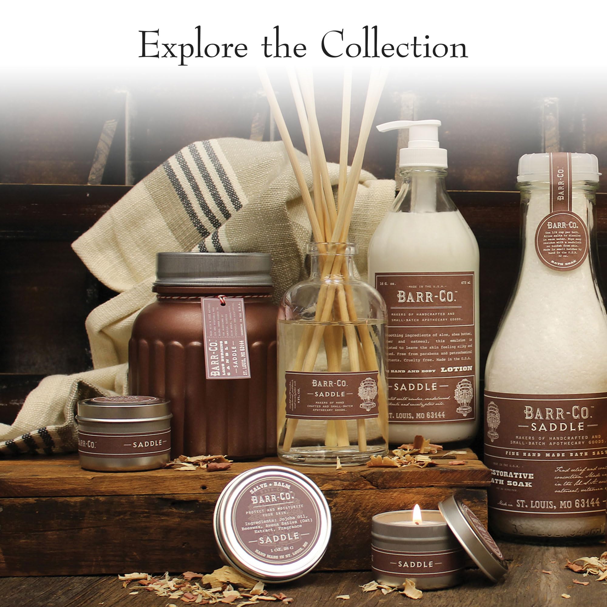 Gift-ready BARR-CO Saddle Scent lotion bottle on shelf for gifting.