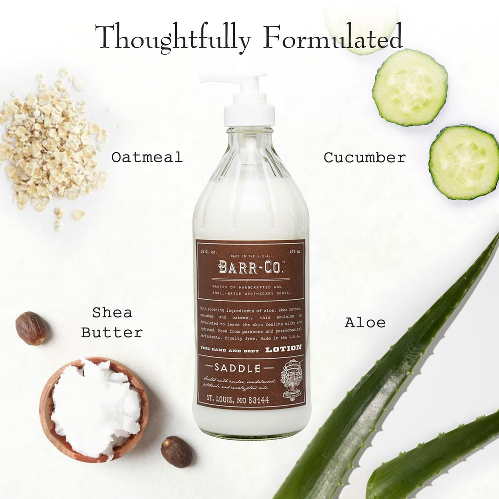 Close-up of BARR-CO Saddle Scent label highlighting amber notes and natural care.