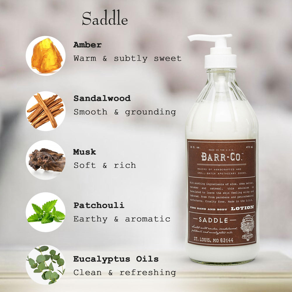 Texture shot of BARR-CO Saddle Scent shea lotion, emphasizing rich moisture.