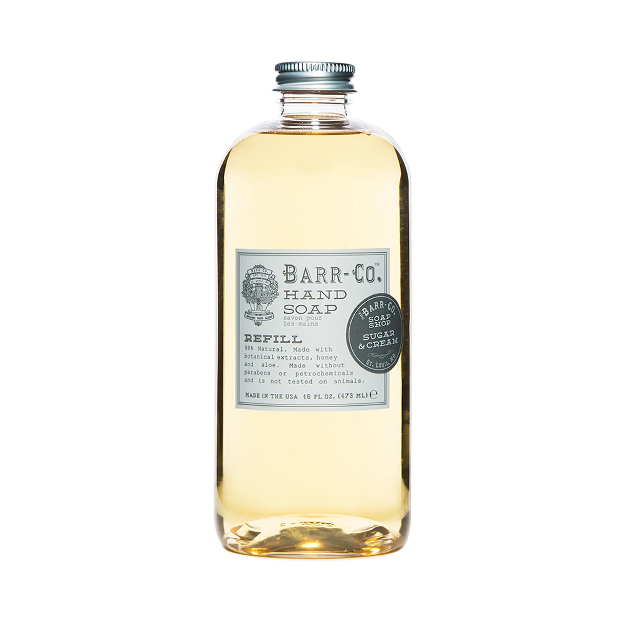 BARR-CO Sugar & Cream refill bottle shows creamy formula for gentle cleansing.
