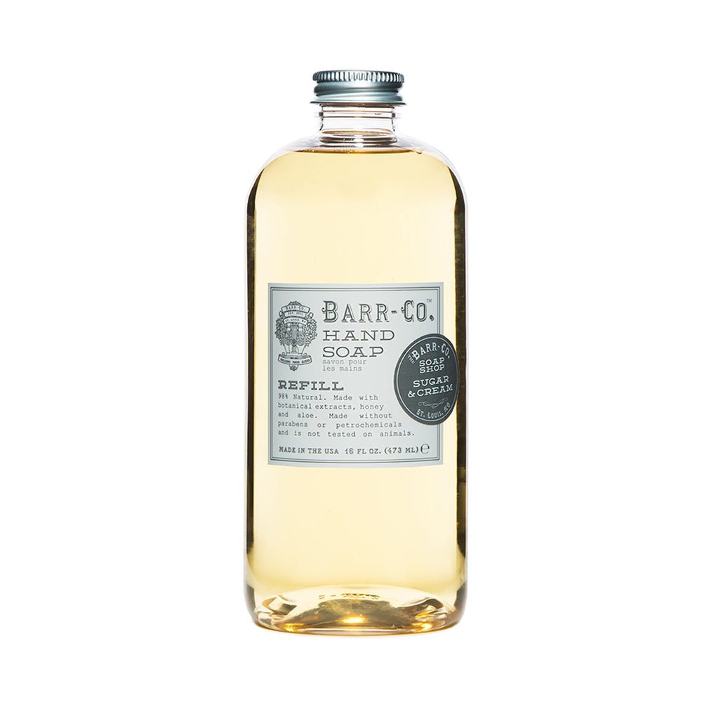 BARR-CO Sugar & Cream refill bottle shows creamy formula for gentle cleansing.