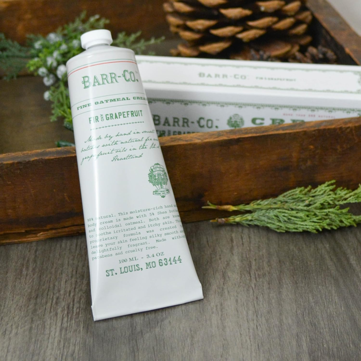 Vegan plant-based formula label on Barr-Co Fir & Grapefruit cream