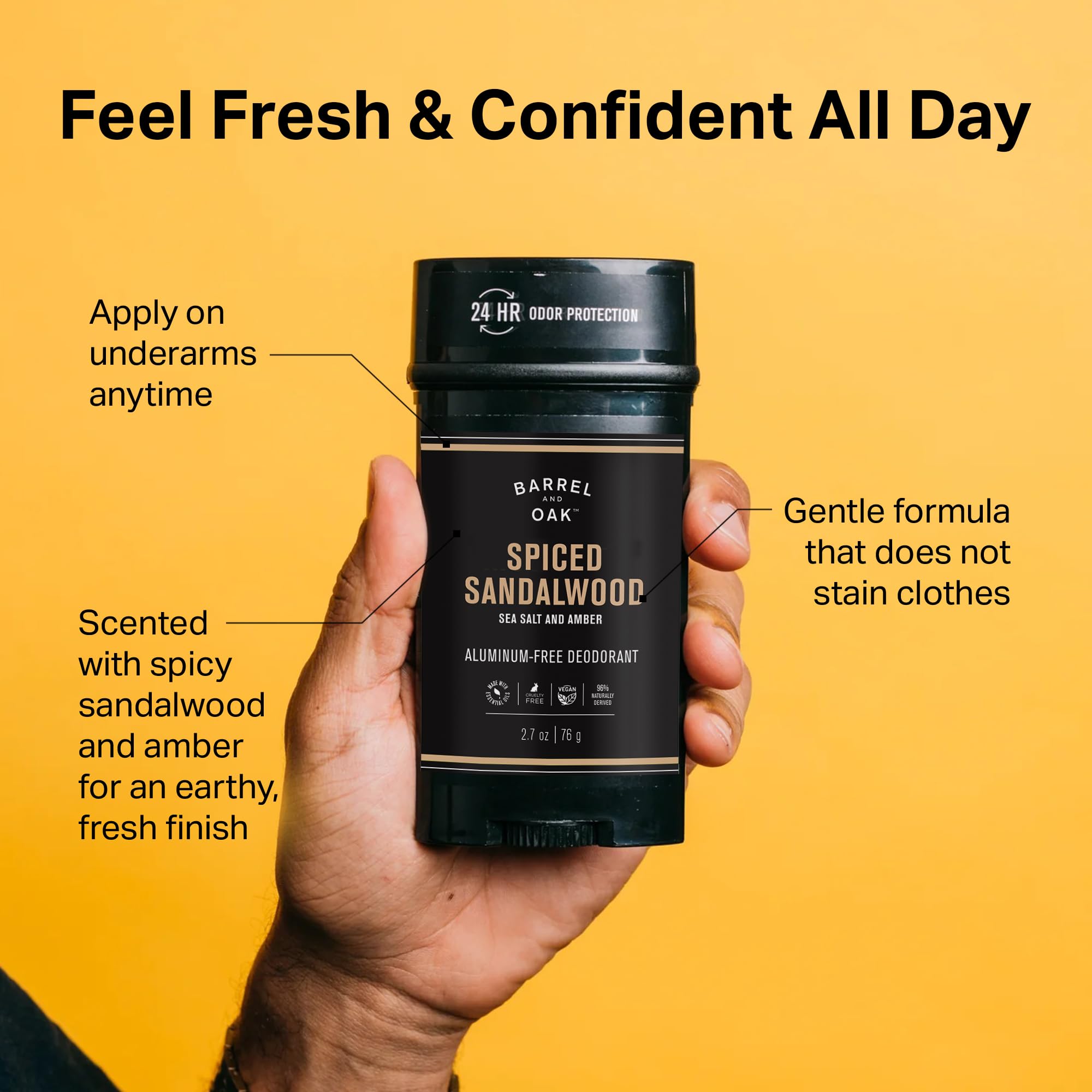 Barrel and Oak deodorant stick held for on-the-go freshness