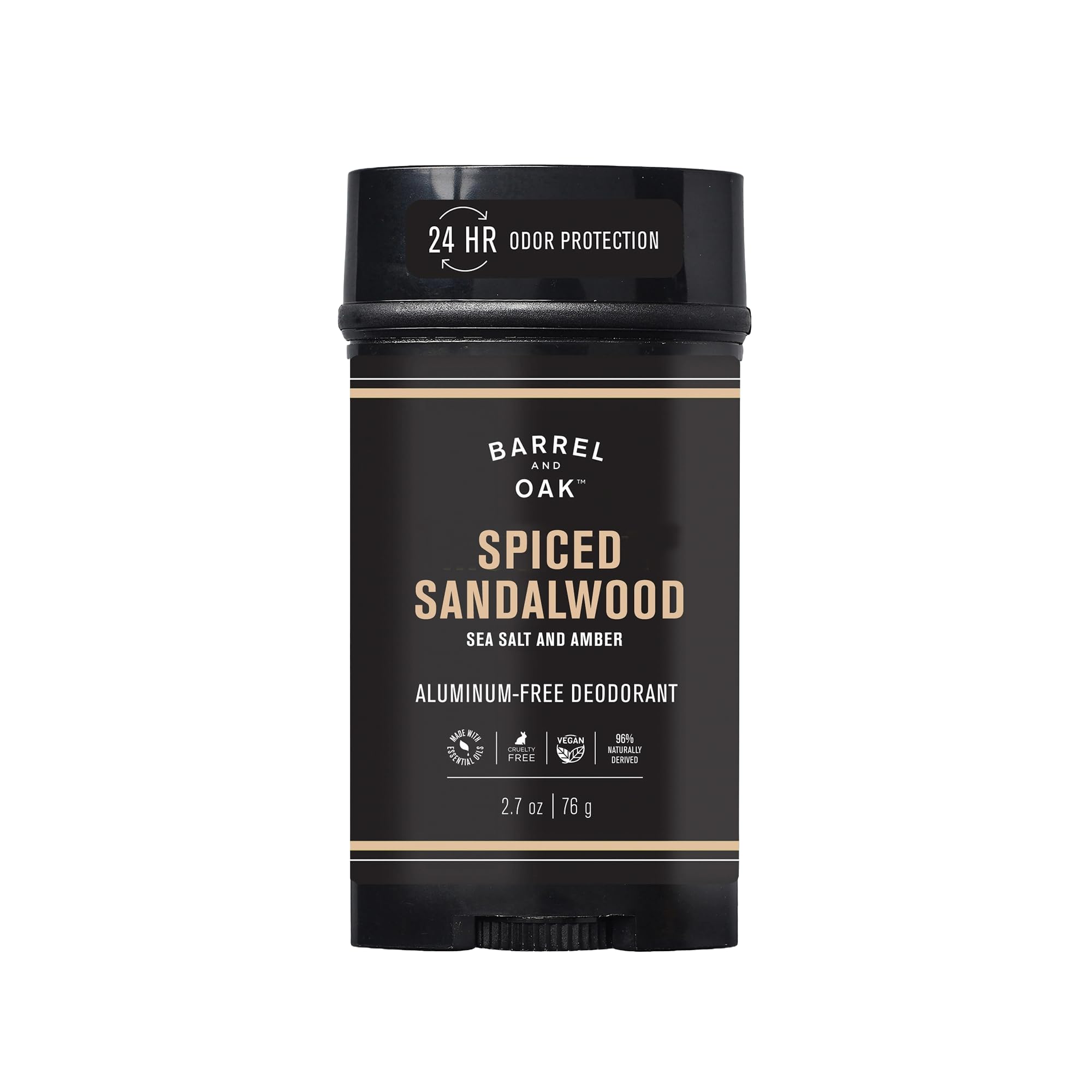 Barrel and Oak men's deodorant stick front view for daily freshness with spiced sandalwood amber