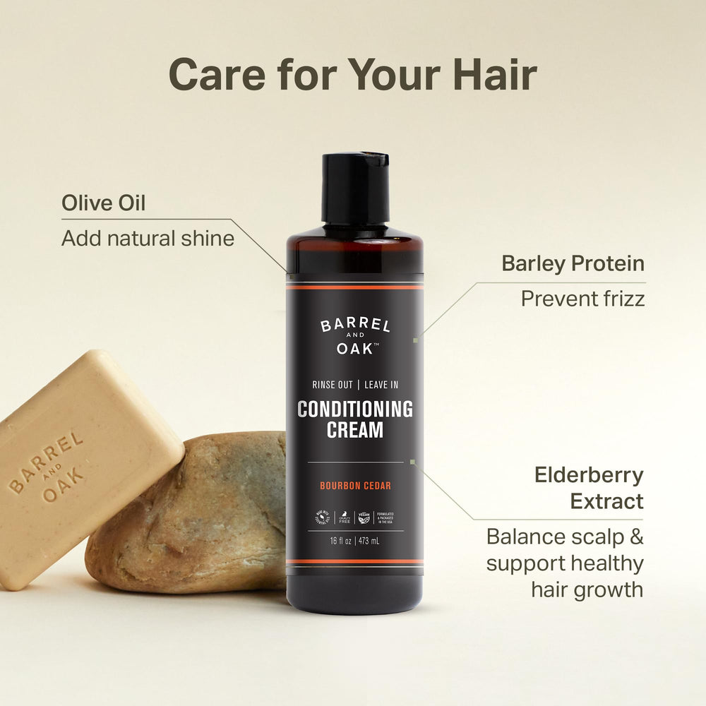 Barrel & Oak Leave-In Cream featuring olive oil for nourished hair.