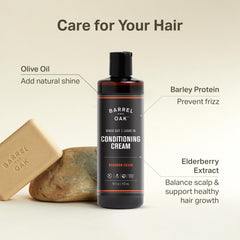 Barrel & Oak Leave-In Cream featuring olive oil for nourished hair.