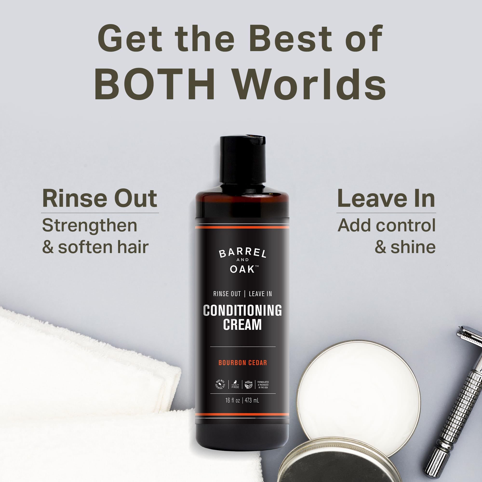 Barrel & Oak Leave-In Cream pump bottle for quick styling.