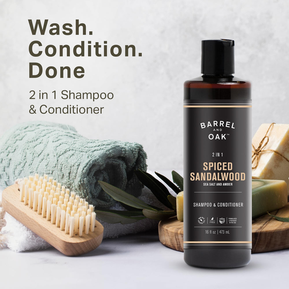 Barrel & Oak shampoo lather highlighting easy cleansing in one step.