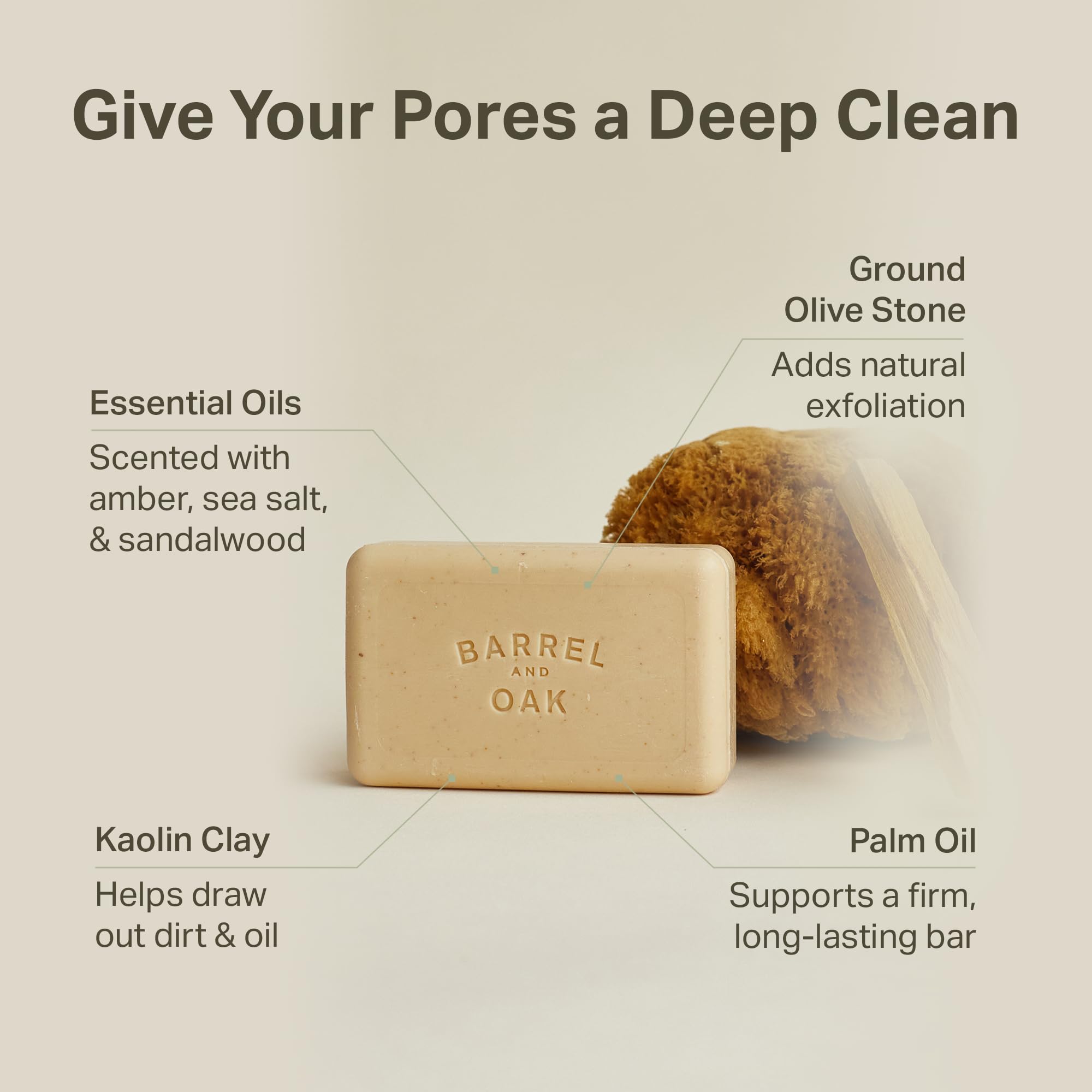 Barrel & Oak spiced-sandalwood bar soap with amber-sea-scent for bold masculine aroma