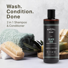 Barrel & Oak 2-in-1 shampoo bottle close-up showing the label for clarity