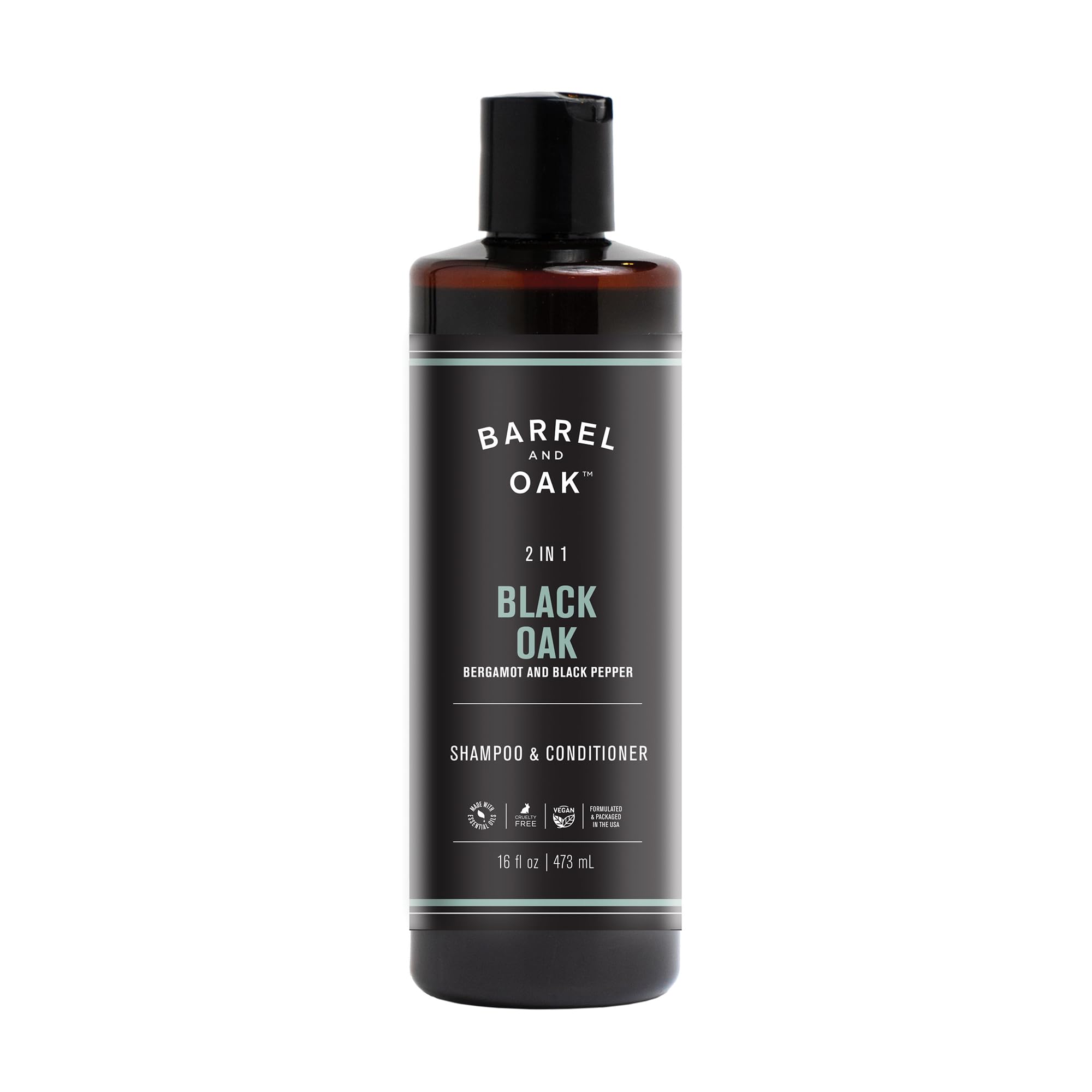 Barrel & Oak 2-in-1 shampoo bottle pouring for quick cleanse