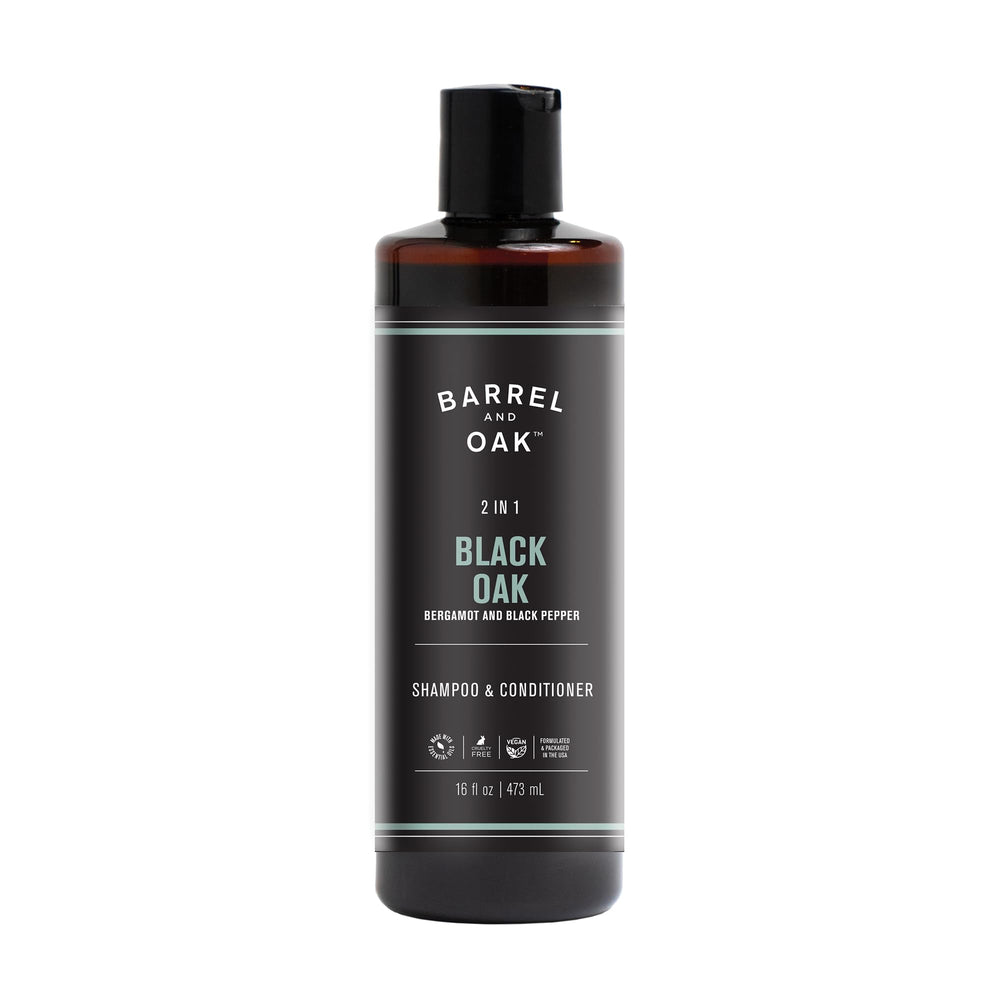 Barrel & Oak 2-in-1 shampoo bottle pouring for quick cleanse