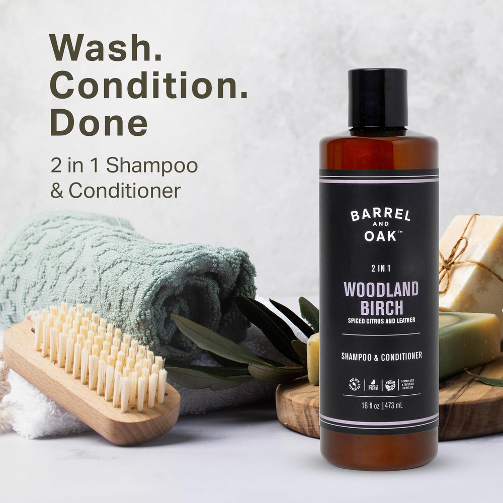 Barrel & Oak 2-in-1 shampoo bottle pour shows easy lather.
