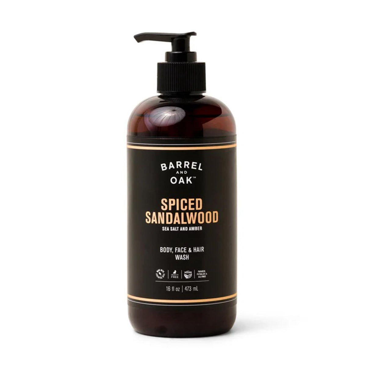 Barrel and Oak all-in-one wash bottle front view with sandalwood amber scent.