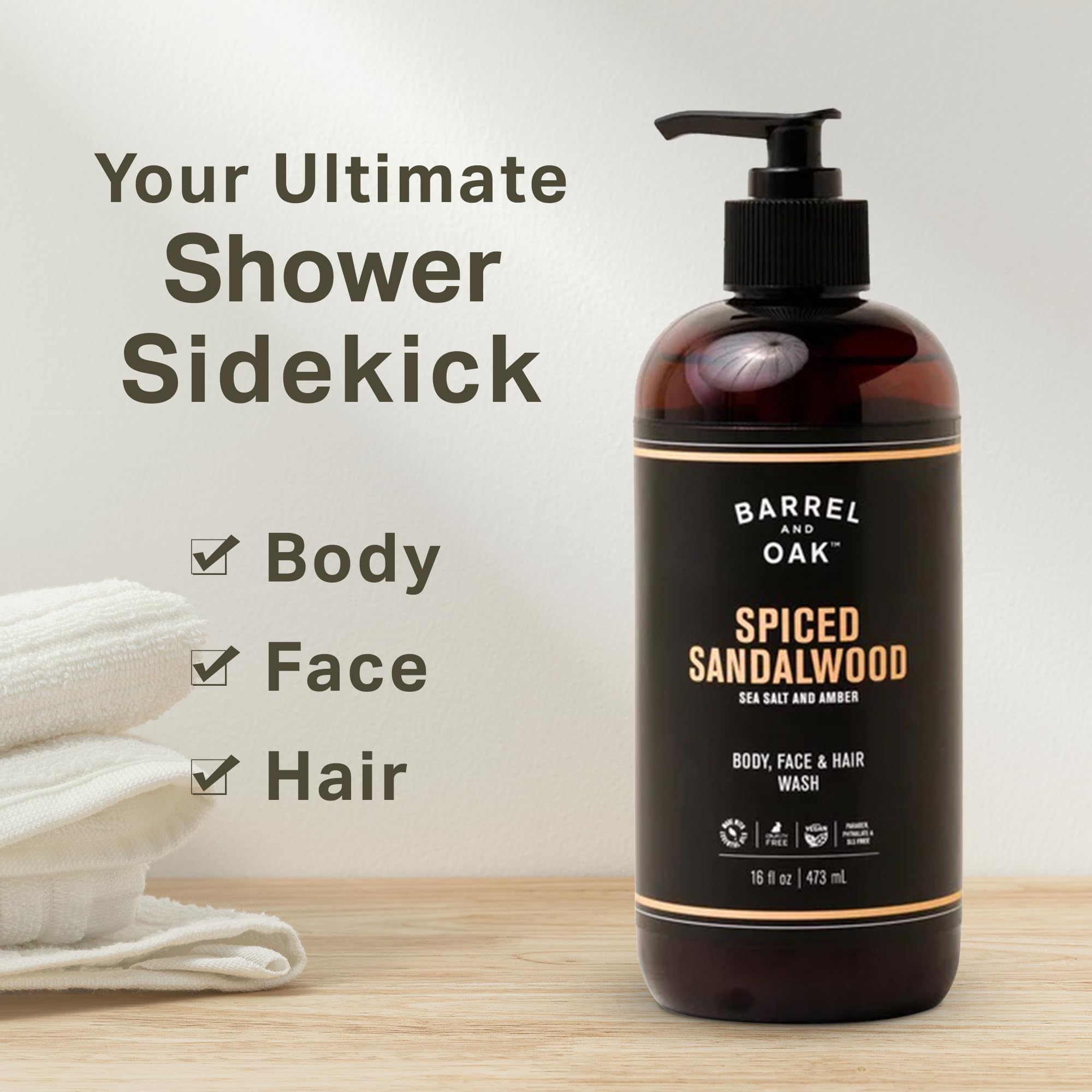 Barrel and Oak bottle side label shown, premium vegan grooming for face, hair, and body.